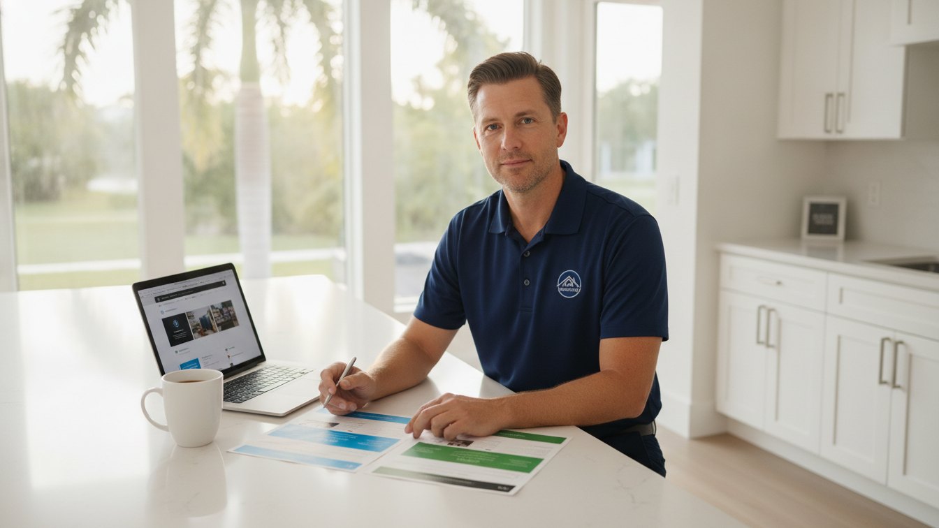 Roofing company owner at a kitchen island comparing two printed website quotes